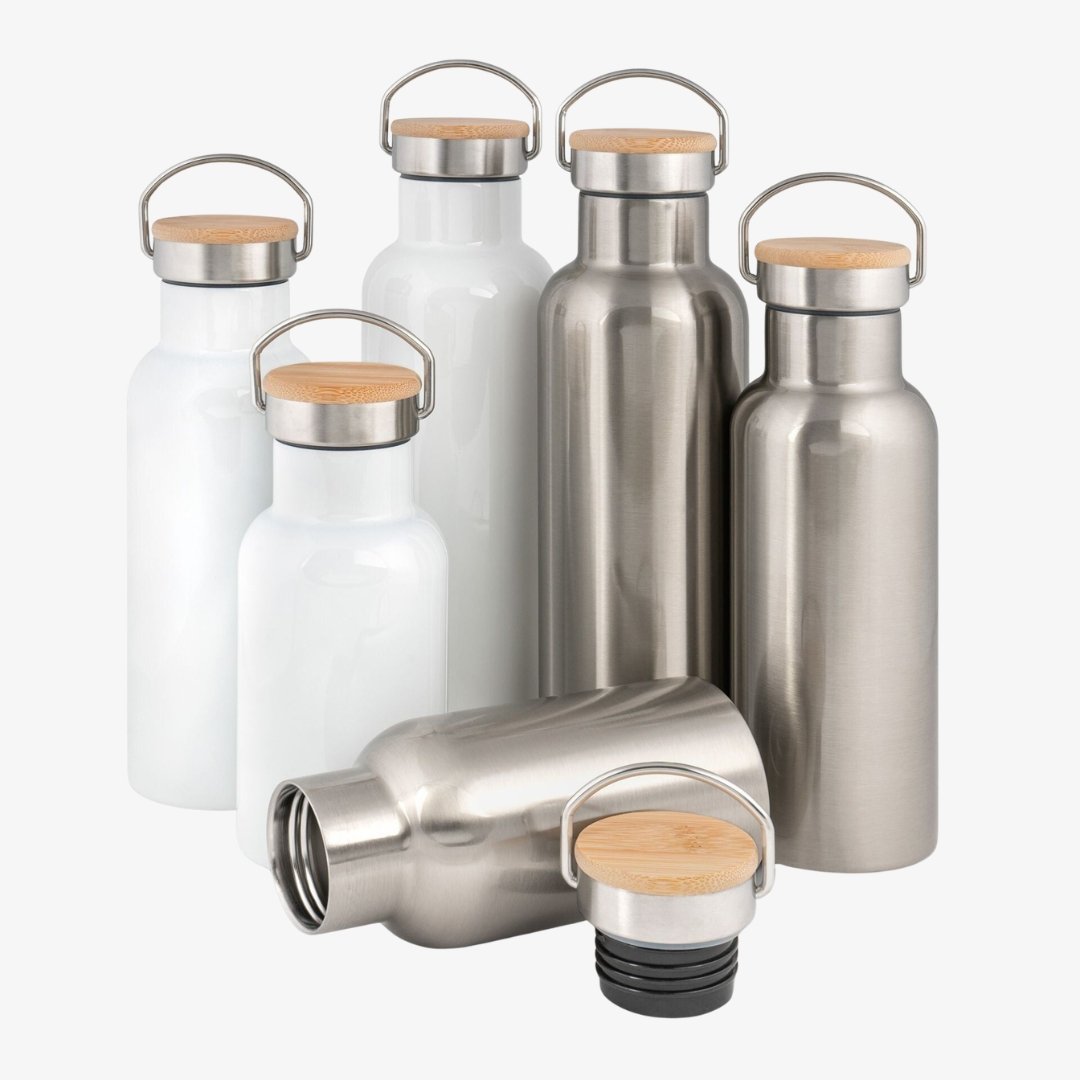 Edelstahl-Thermoflasche mit Bambusdeckel div. Größen und Farben